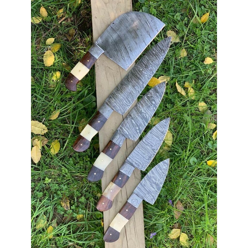 Rare Handmade Damascus Steel 5Piece Chef Knife Set With Hardwood 2