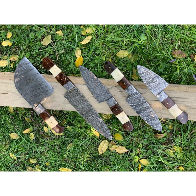 Rare Handmade Damascus Steel 5Piece Chef Knife Set With Hardwood 0