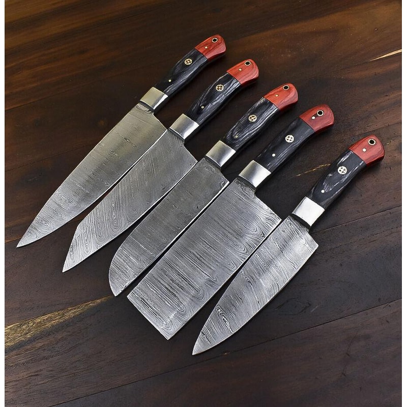 Handmade Damascus Steel 5 Pc Chef Knife Set With Hardwood Handle 0