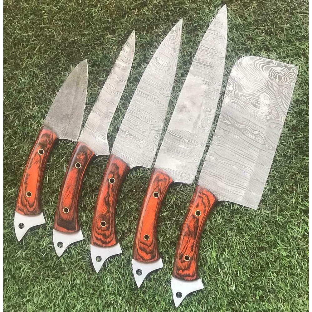 Full Tang Damascus Steel 5 Pc Chef Knife Set Hardwood Handle 1