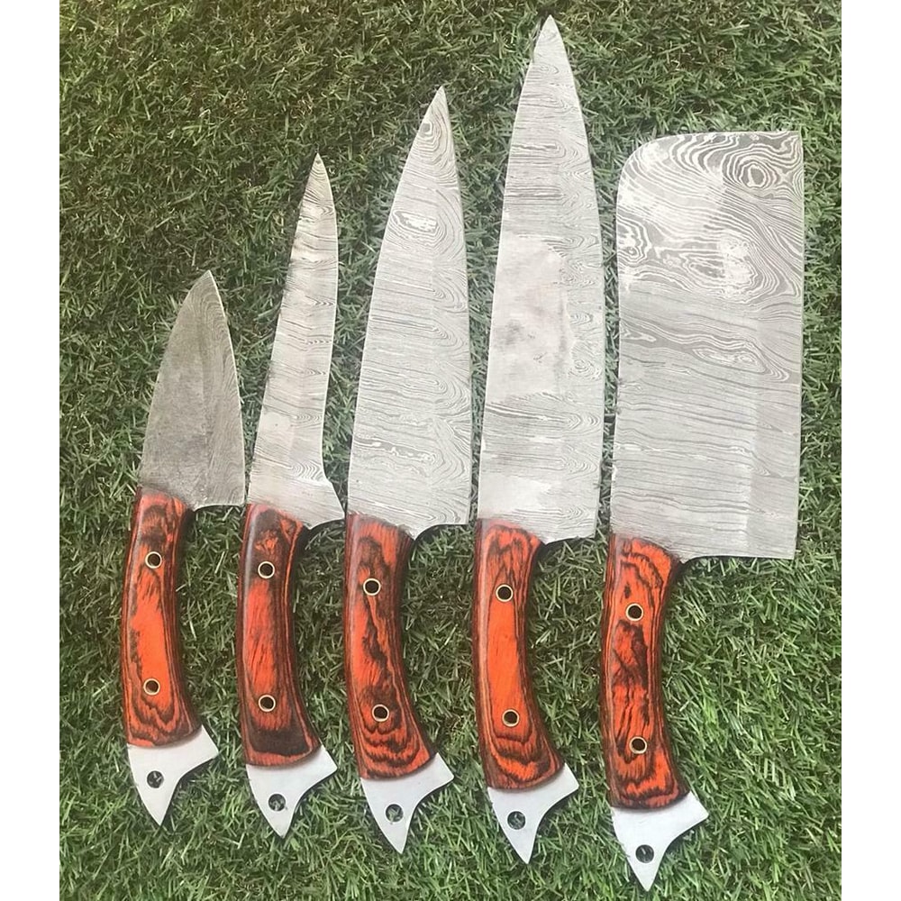 Full Tang Damascus Steel 5 Pc Chef Knife Set Hardwood Handle 2