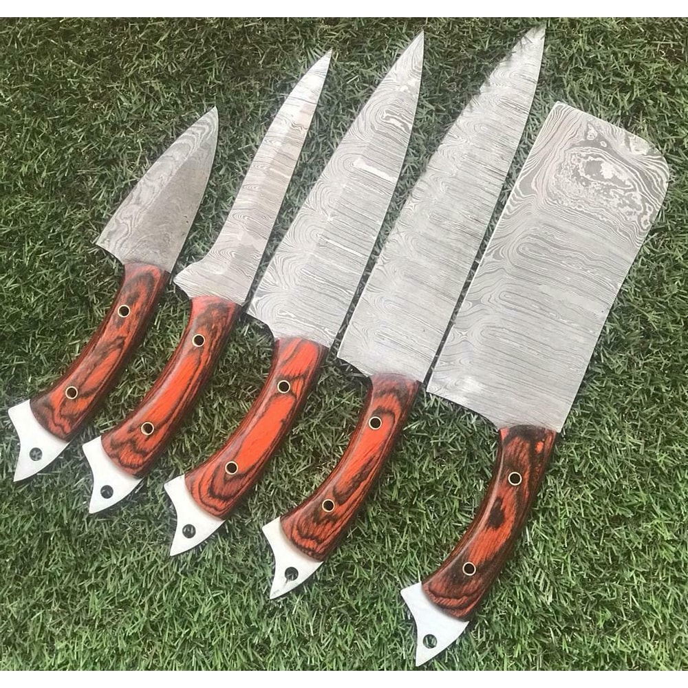 Full Tang Damascus Steel 5 Pc Chef Knife Set Hardwood Handle 0