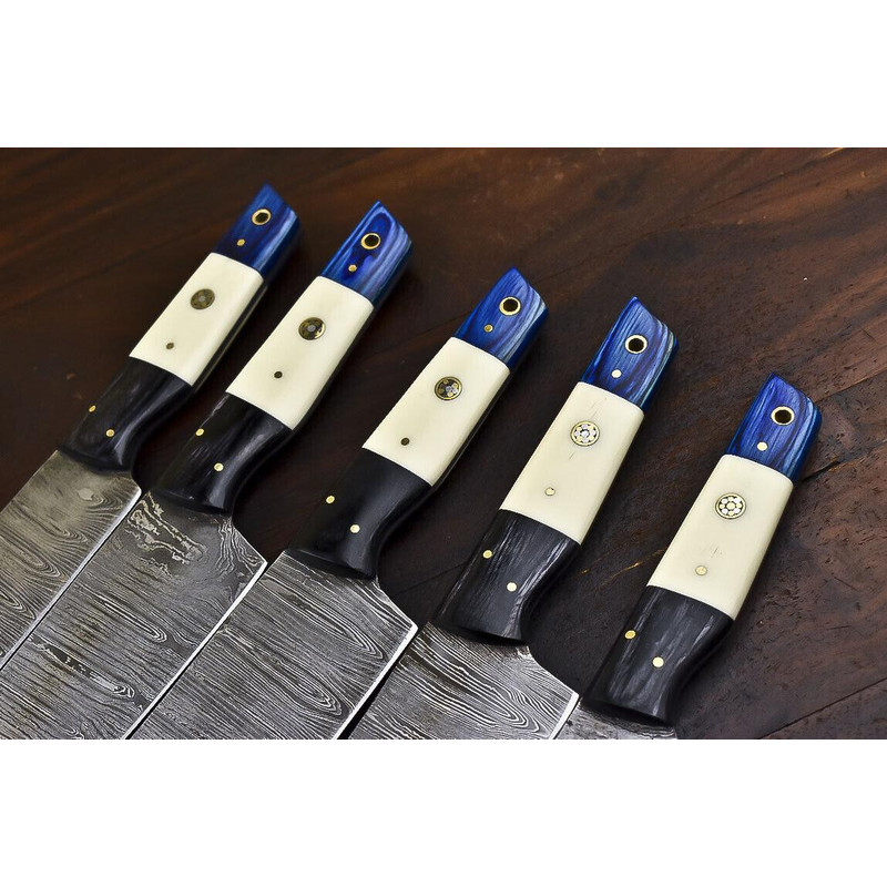 Handmade Damascus Steel Chef Hunting Knife Set 5 Pc Camel Bone Handle 3