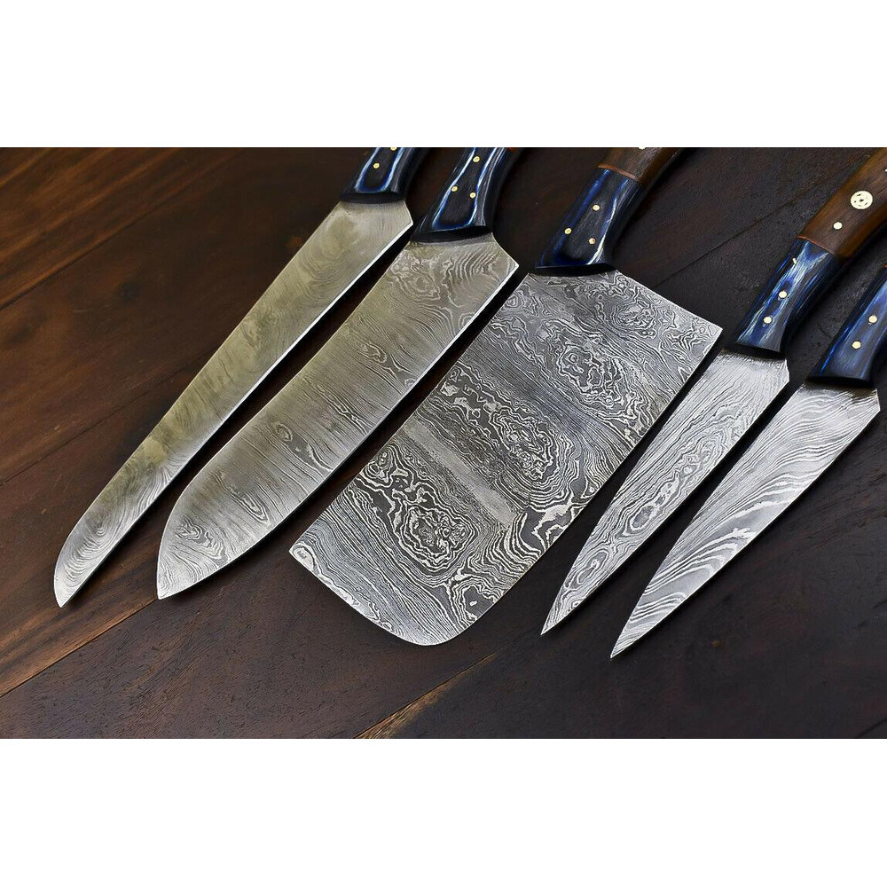 Handmade Damascus Steel Chef Hunting Knife Set 5 Pc Walnut Wood Handle 3