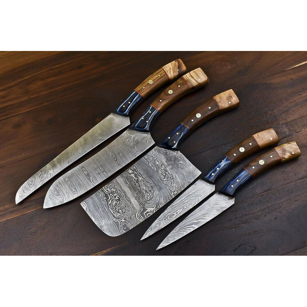 Handmade Damascus Steel Chef Hunting Knife Set 5 Pc Walnut Wood Handle 4