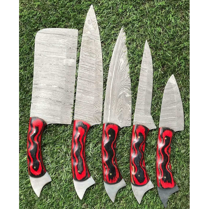 Custom Handmade Twist Damascus Steel Chef Knife Set Rosewood Handle 0