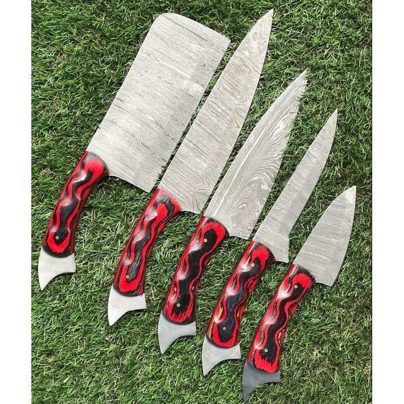 Custom Handmade Twist Damascus Steel Chef Knife Set Rosewood Handle 1