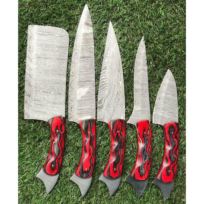 Custom Handmade Twist Damascus Steel Chef Knife Set Rosewood Handle 2