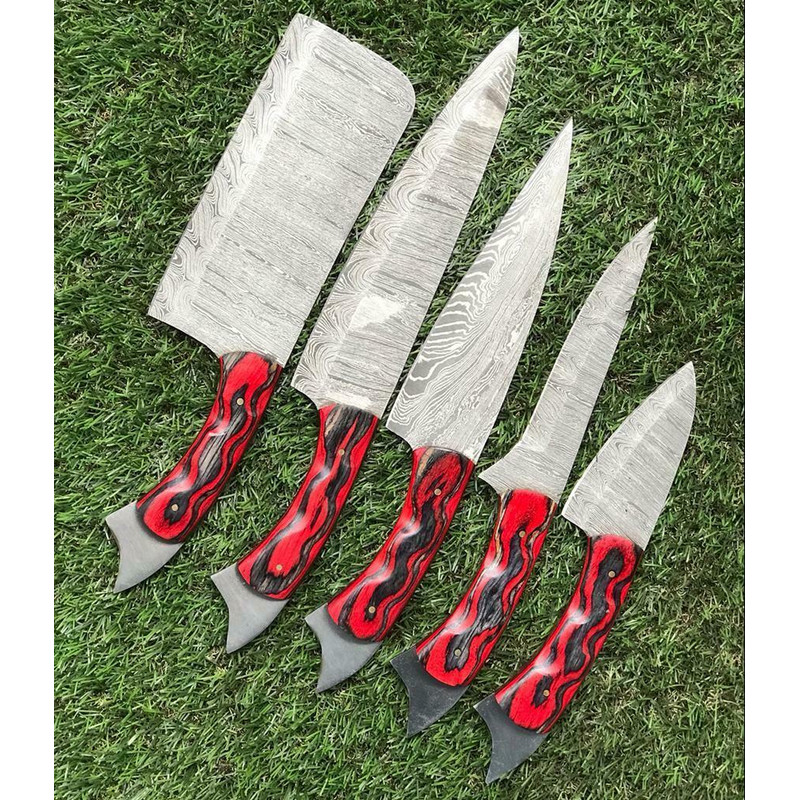 Custom Handmade Twist Damascus Steel Chef Knife Set Rosewood Handle 3