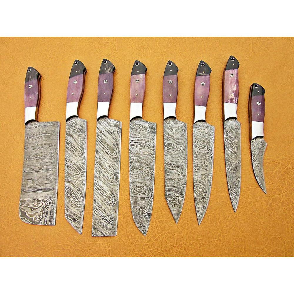 Custom Handmade Damascus Steel Chef Knife Set Purple Bone Buffalo Horn Handle 0