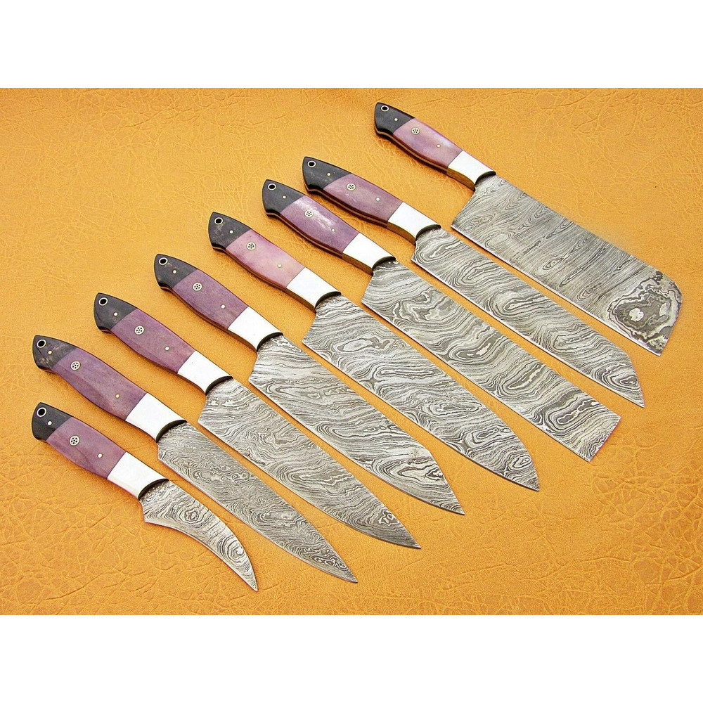 Custom Handmade Damascus Steel Chef Knife Set Purple Bone Buffalo Horn Handle 1