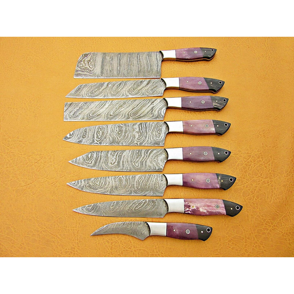 Custom Handmade Damascus Steel Chef Knife Set Purple Bone Buffalo Horn Handle 2