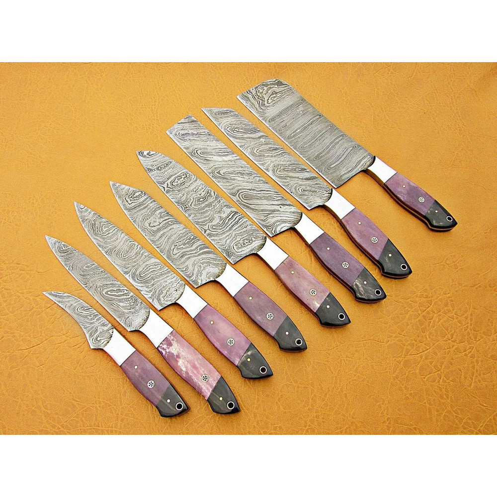 Custom Handmade Damascus Steel Chef Knife Set Purple Bone Buffalo Horn Handle 3