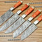 Handmade Damascus Steel Chef Knife Set 5 Pc Kitchen Knives With Orange Hardwood Handles 0