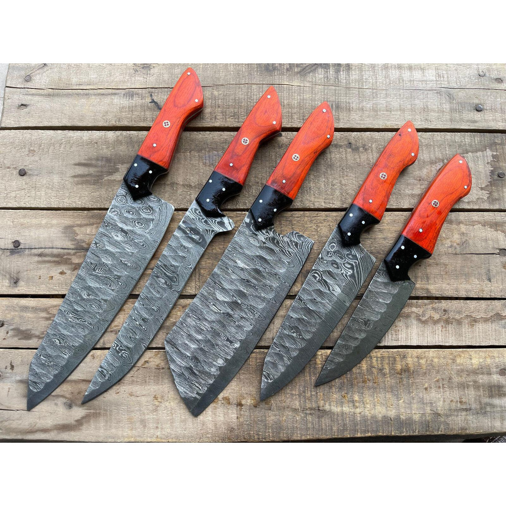 5 Pcs Custom Handmade Damascus Steel Chef Knife Set Sharp Kitchen Knives 0