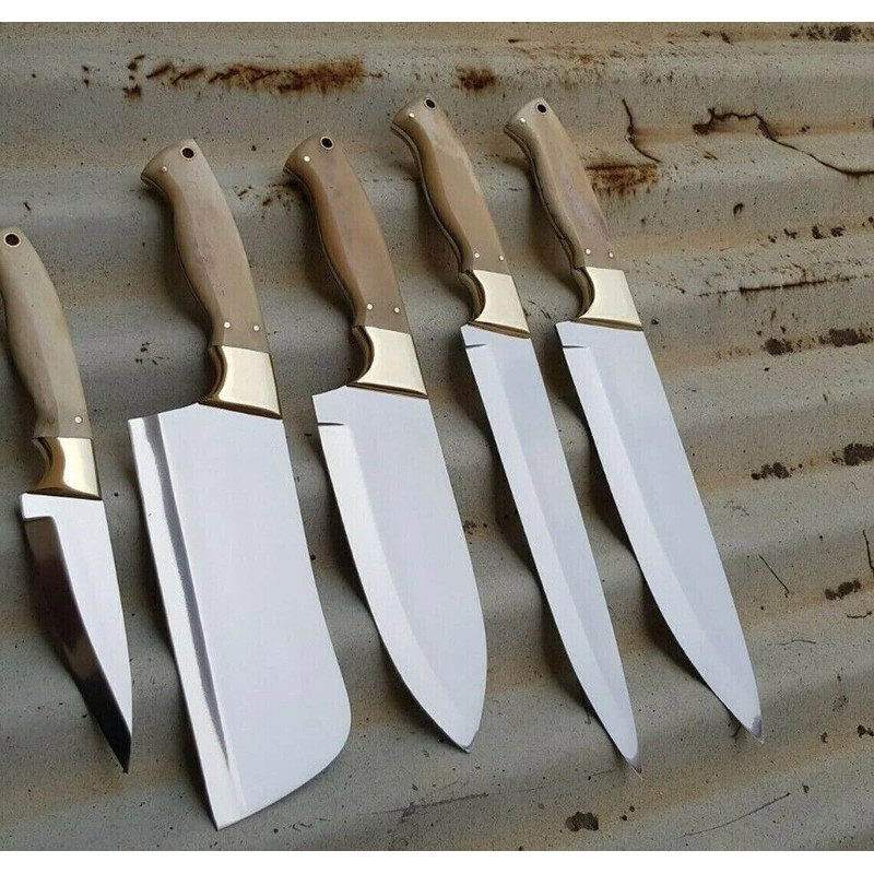 Custom Handmade Hand Forged Stainless Steel Chef Knife Set Kitchen Knives With Leather Sheath 1