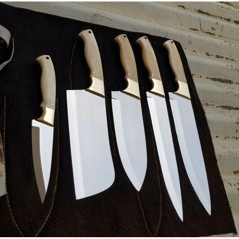 Custom Handmade Hand Forged Stainless Steel Chef Knife Set Kitchen Knives With Leather Sheath 0