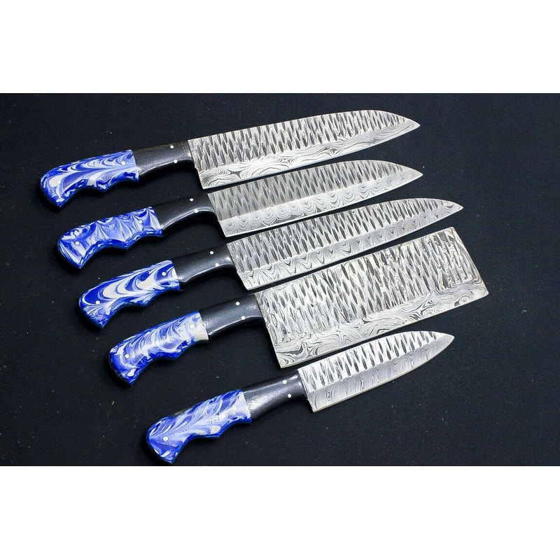 Custom Handmade Damascus Steel 5Piece Chef Knife Set Resin Buffalo Horn Handles 1