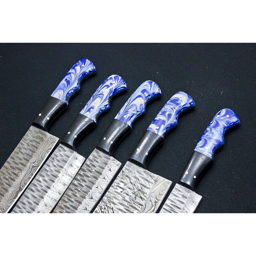 Custom Handmade Damascus Steel 5Piece Chef Knife Set Resin Buffalo Horn Handles 2