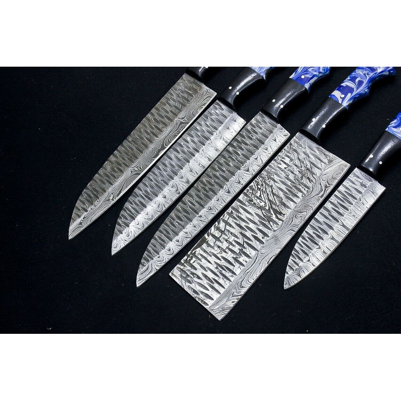Custom Handmade Damascus Steel 5Piece Chef Knife Set Resin Buffalo Horn Handles 3