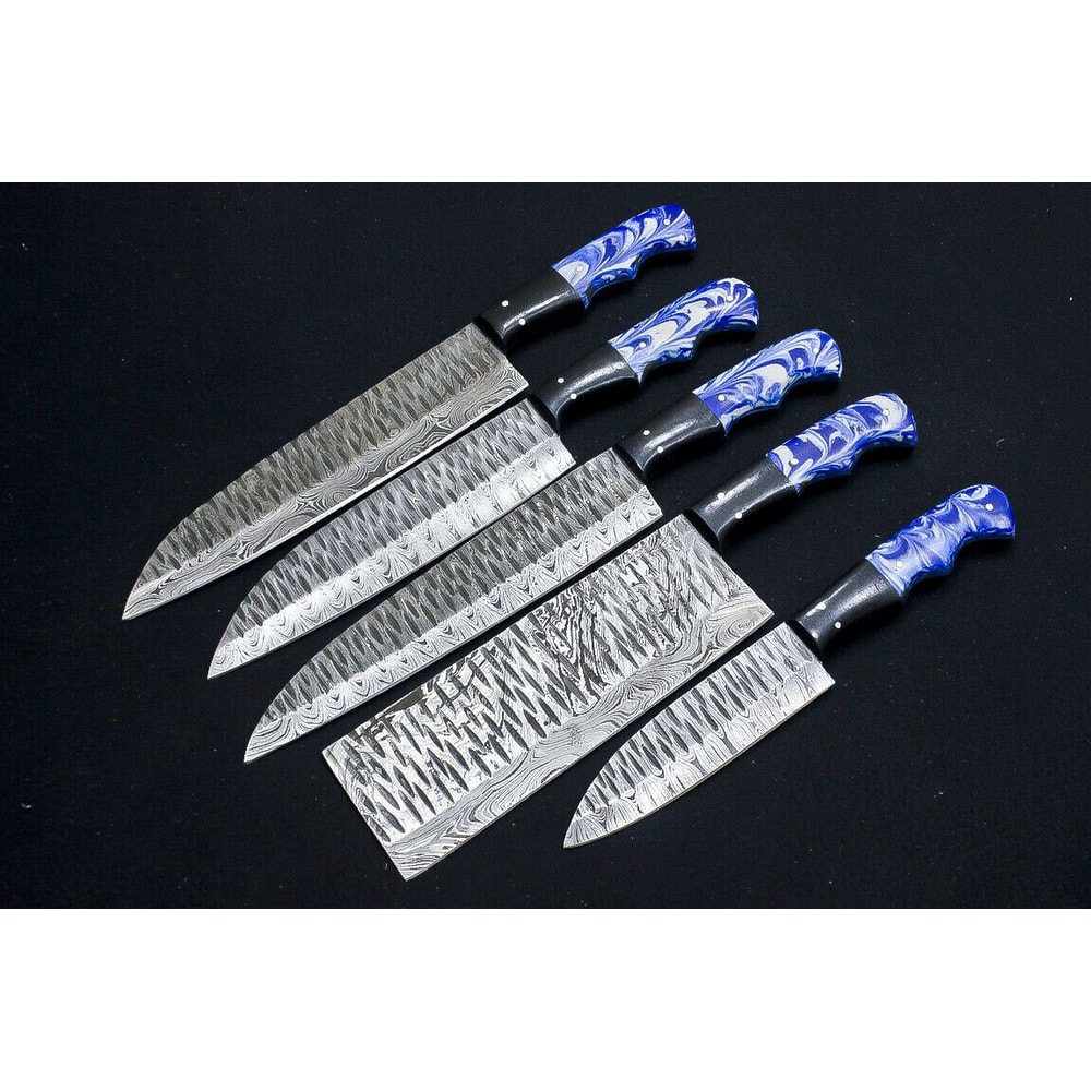 Custom Handmade Damascus Steel 5Piece Chef Knife Set Resin Buffalo Horn Handles 4