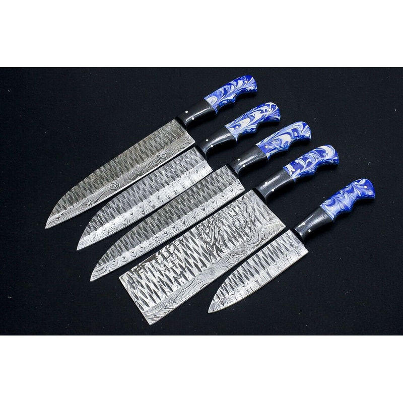 Custom Handmade Damascus Steel 5Piece Chef Knife Set Resin Buffalo Horn Handles 4