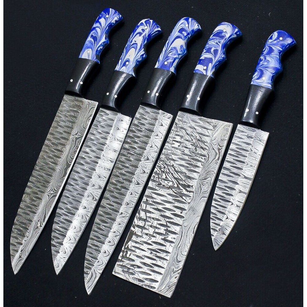 Custom Handmade Damascus Steel 5Piece Chef Knife Set Resin Buffalo Horn Handles 0