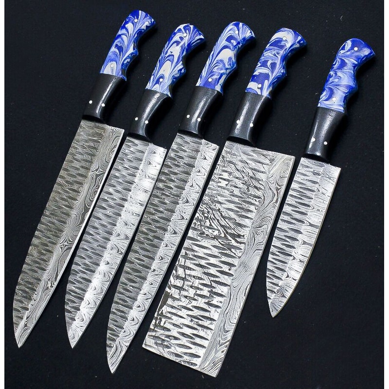 Custom Handmade Damascus Steel 5Piece Chef Knife Set Resin Buffalo Horn Handles 0