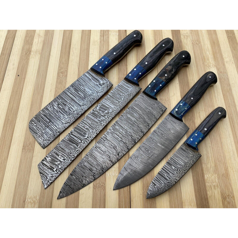Custom Handmade Damascus Steel Chef Knife Set Forged Kitchen Knives With Wood Handles 0