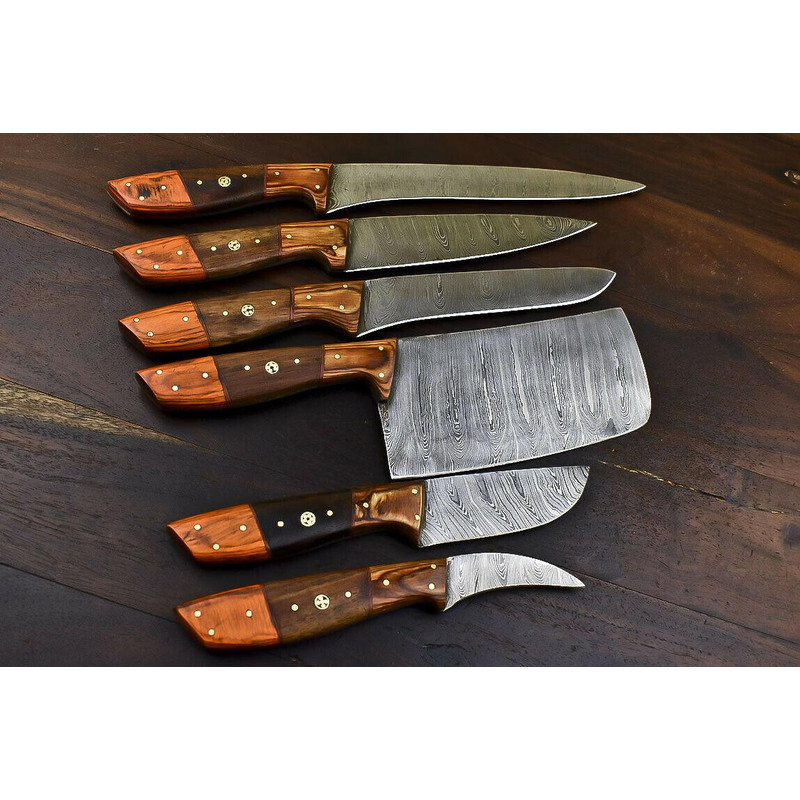 Rare HandForged Damascus Steel Chef Knife Set 6Piece Walnut Wood Kitchen Knives 4
