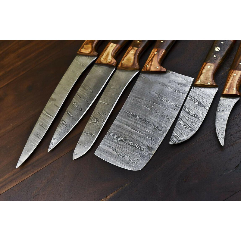 Rare HandForged Damascus Steel Chef Knife Set 6Piece Walnut Wood Kitchen Knives 2