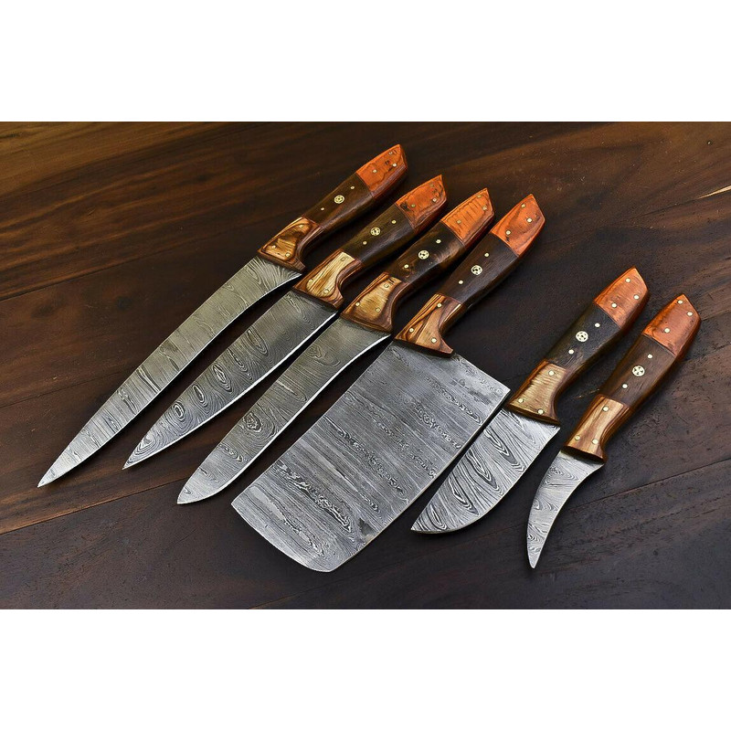 Rare HandForged Damascus Steel Chef Knife Set 6Piece Walnut Wood Kitchen Knives 3
