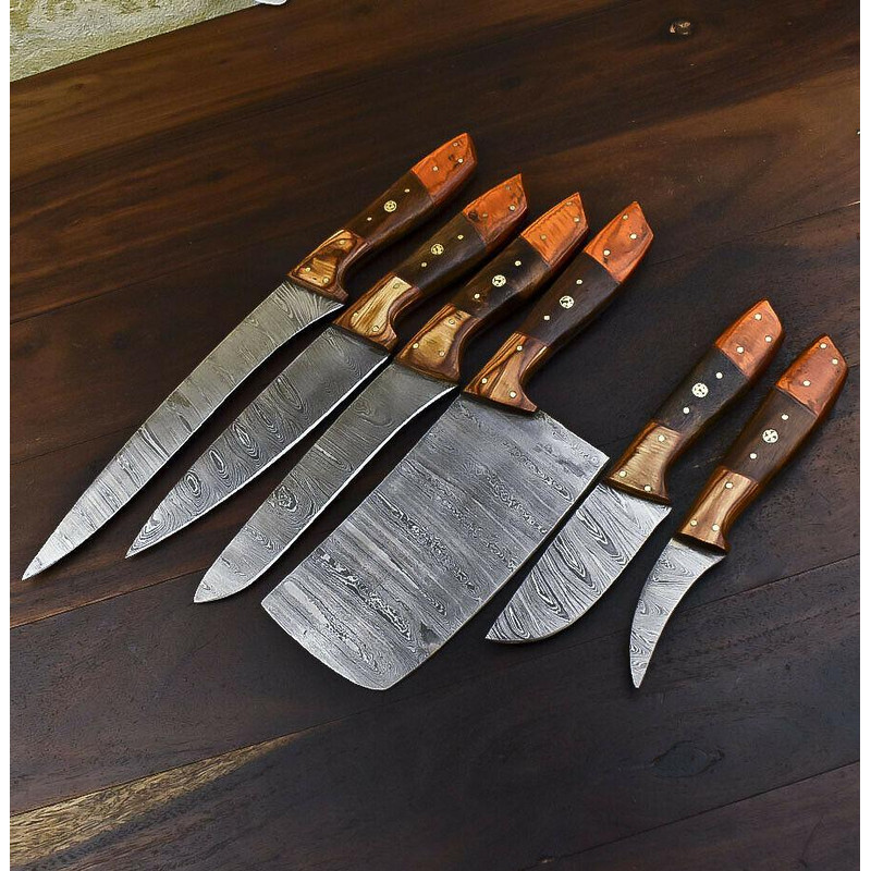 Rare HandForged Damascus Steel Chef Knife Set 6Piece Walnut Wood Kitchen Knives 0