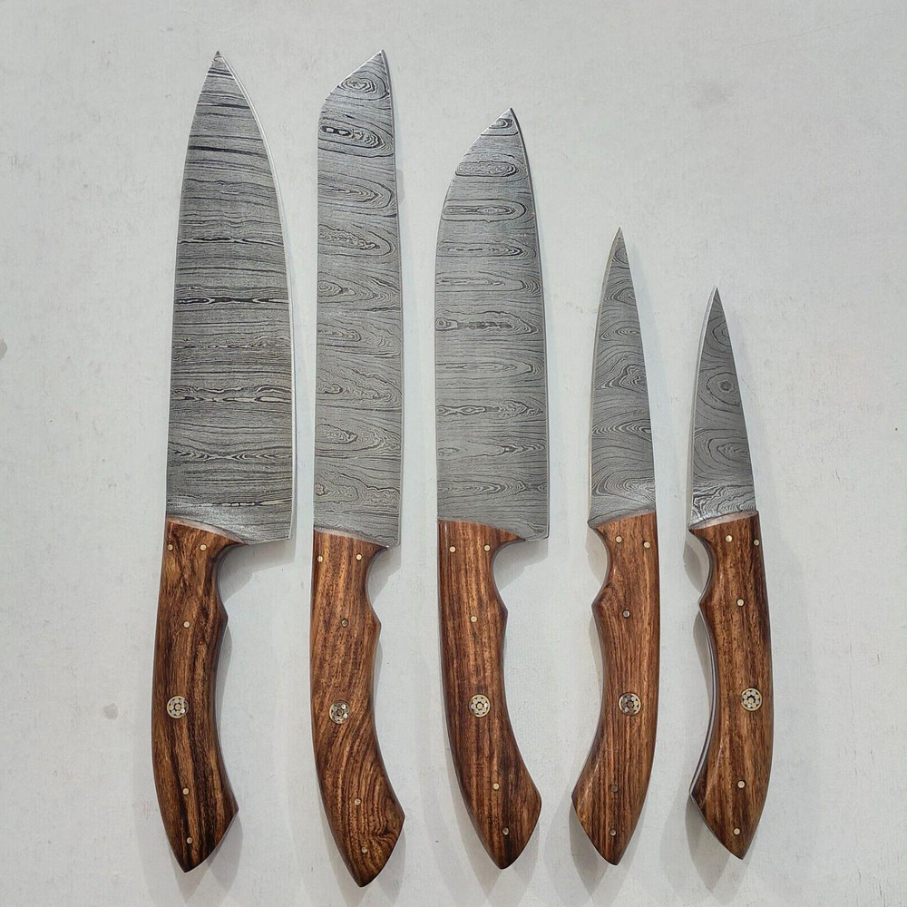 Custom Handmade Damascus Steel 5Piece Chef Knife Set Pukka Wood Handle Professional Kitchen Knives 3