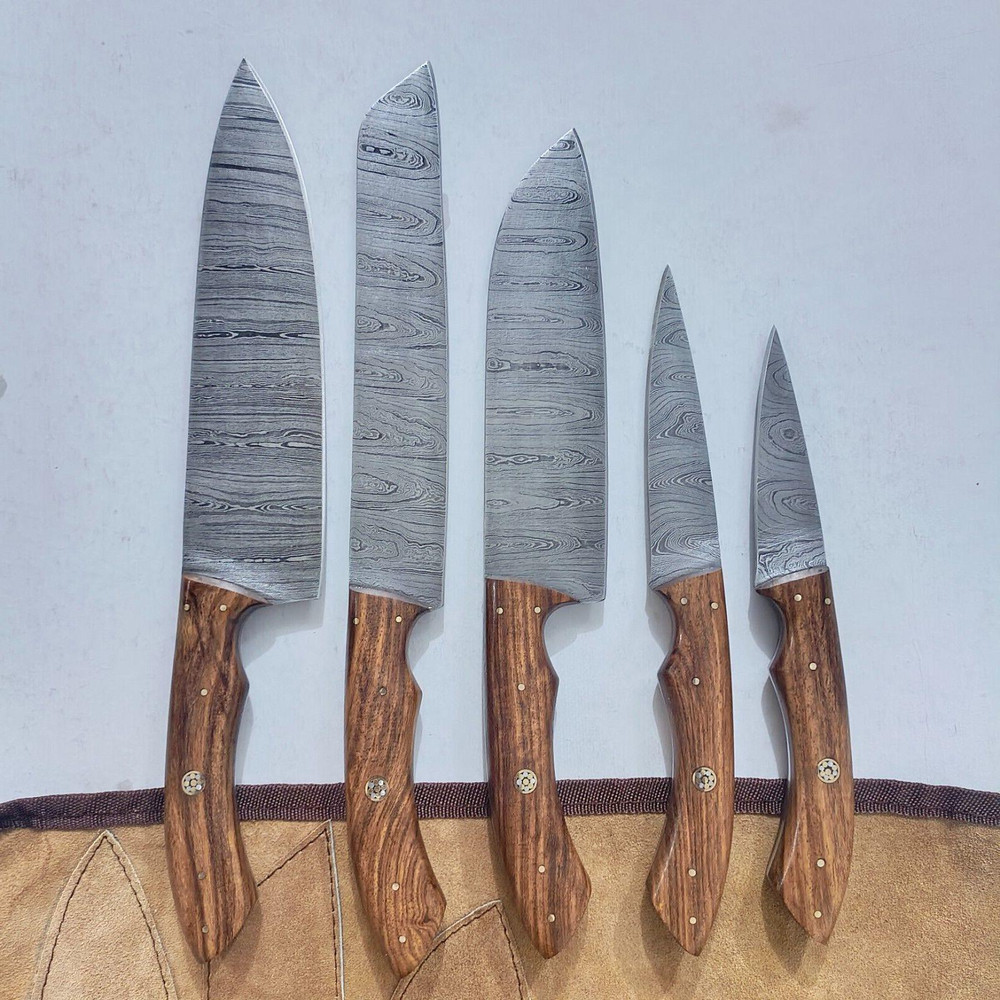 Custom Handmade Damascus Steel 5Piece Chef Knife Set Pukka Wood Handle Professional Kitchen Knives 0