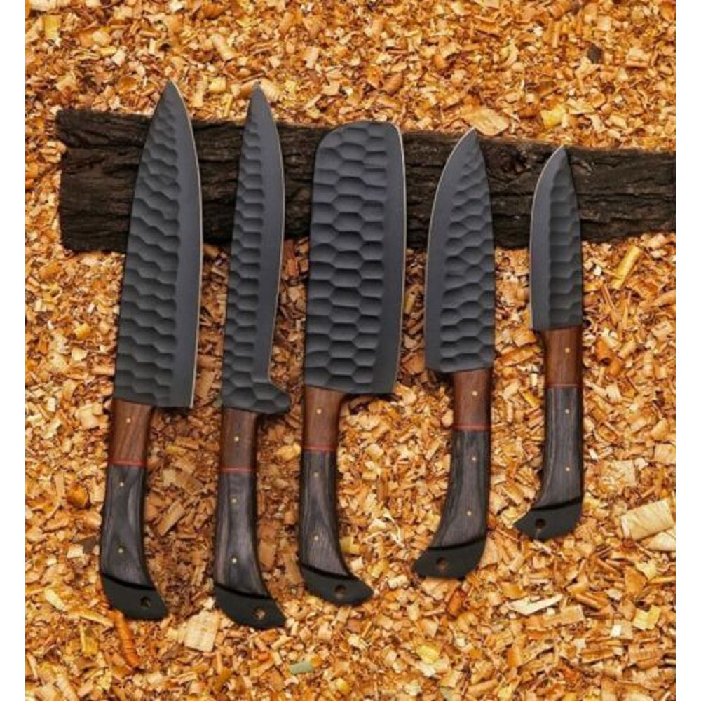 Handmade D2 Steel PowderCoated 5Piece Chef Knife Set With Wooden Handle Leather Sheath 1