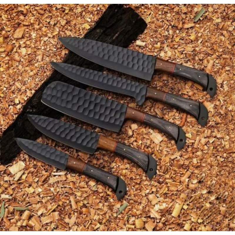Handmade D2 Steel PowderCoated 5Piece Chef Knife Set With Wooden Handle Leather Sheath 0