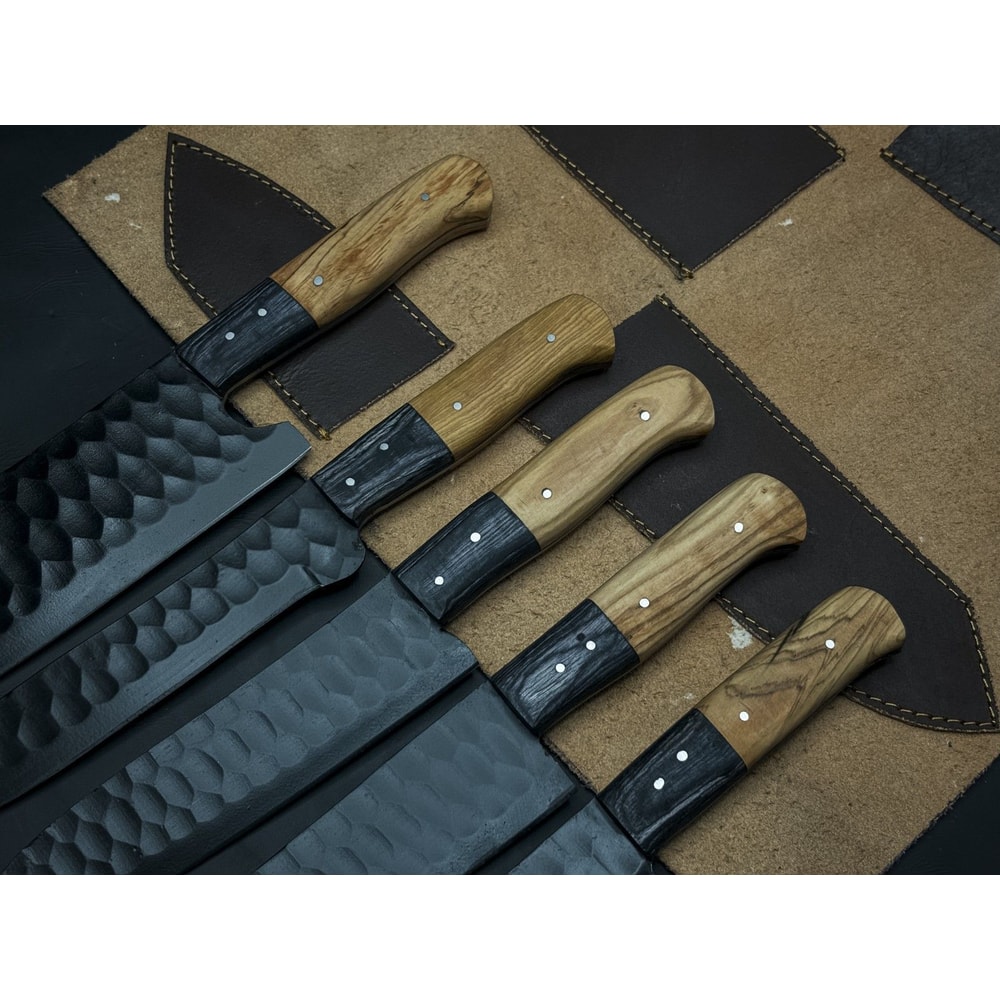 Handmade PowderCoated J2 Steel Chef Knife Set Of 5 With Wooden Bolster EDC Sheath 6