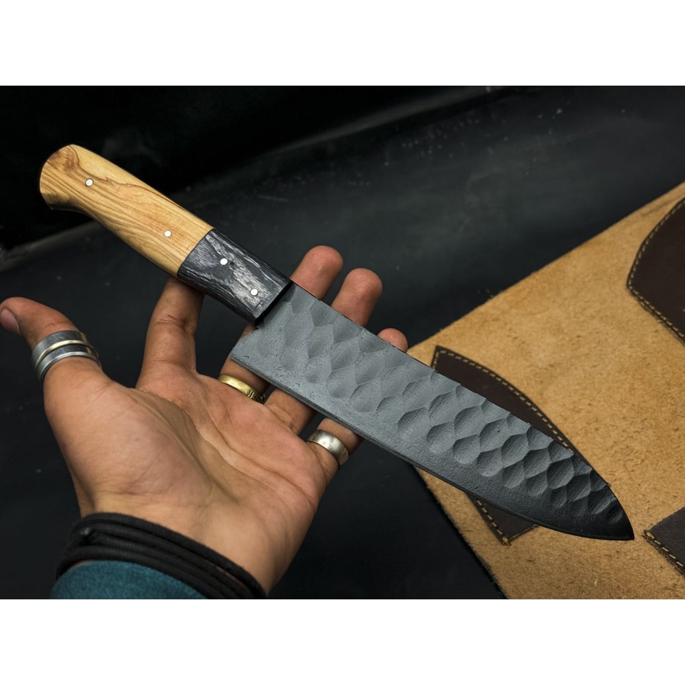 Handmade PowderCoated J2 Steel Chef Knife Set Of 5 With Wooden Bolster EDC Sheath 3