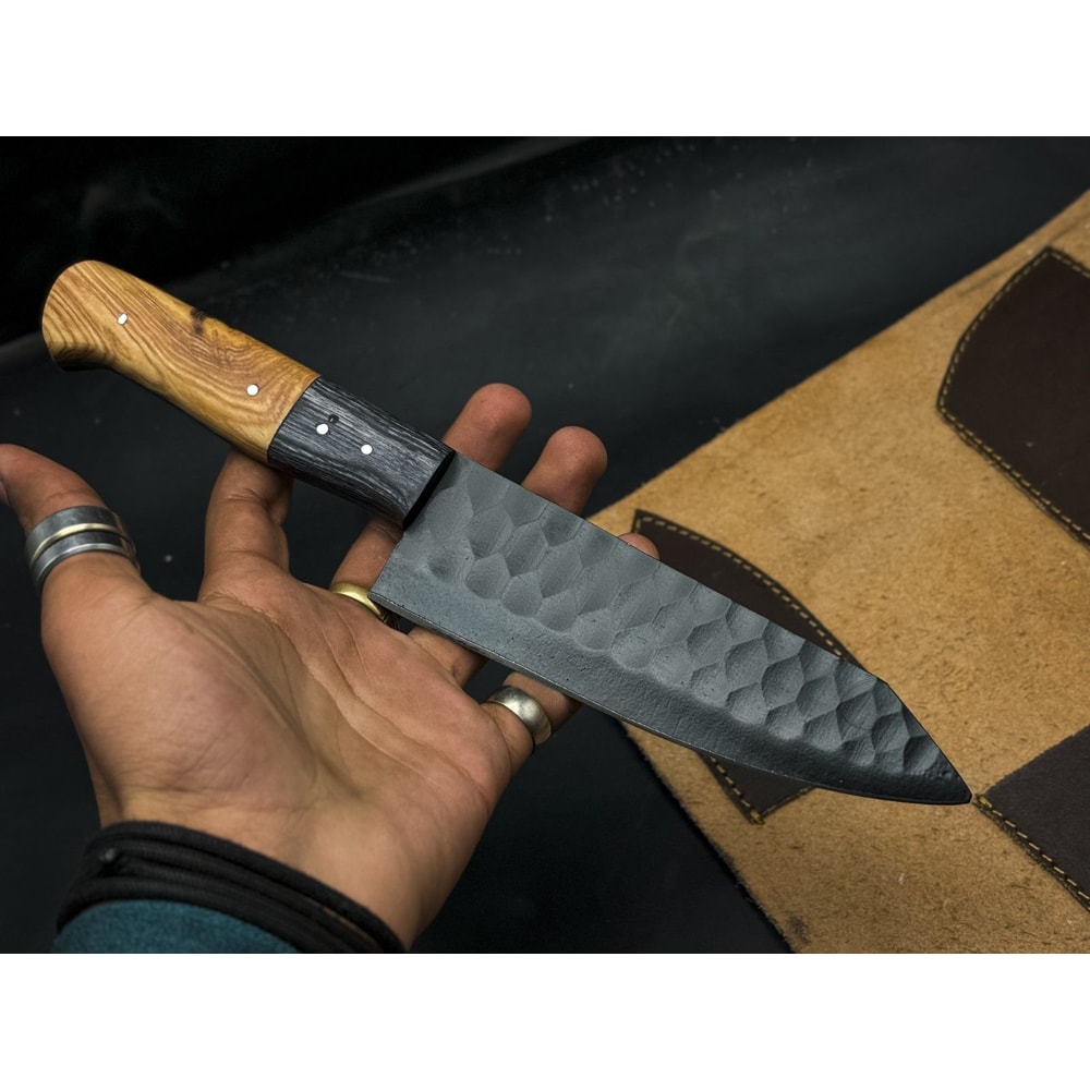 Handmade PowderCoated J2 Steel Chef Knife Set Of 5 With Wooden Bolster EDC Sheath 4