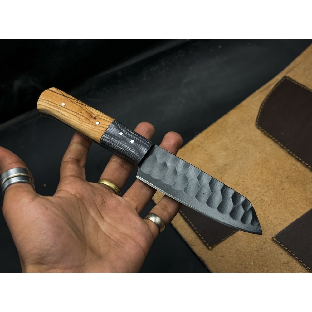 Handmade PowderCoated J2 Steel Chef Knife Set Of 5 With Wooden Bolster EDC Sheath 5