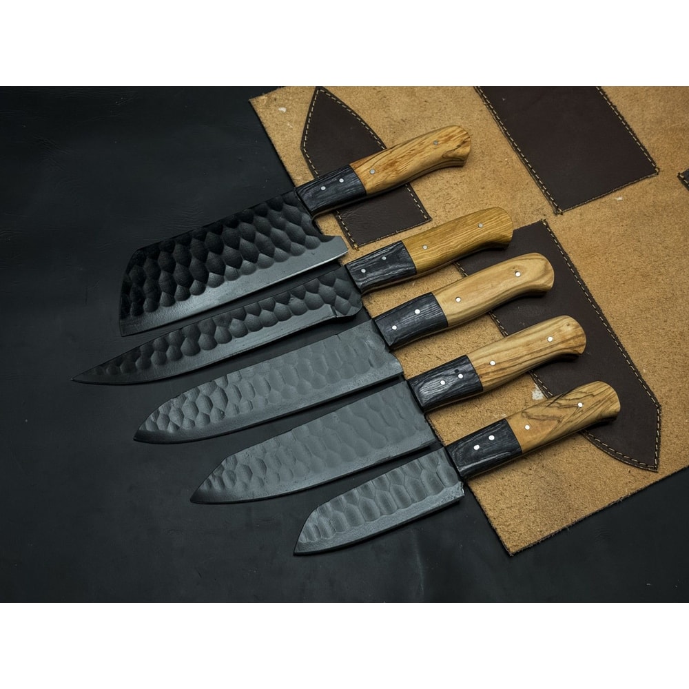 Handmade PowderCoated J2 Steel Chef Knife Set Of 5 With Wooden Bolster EDC Sheath 0