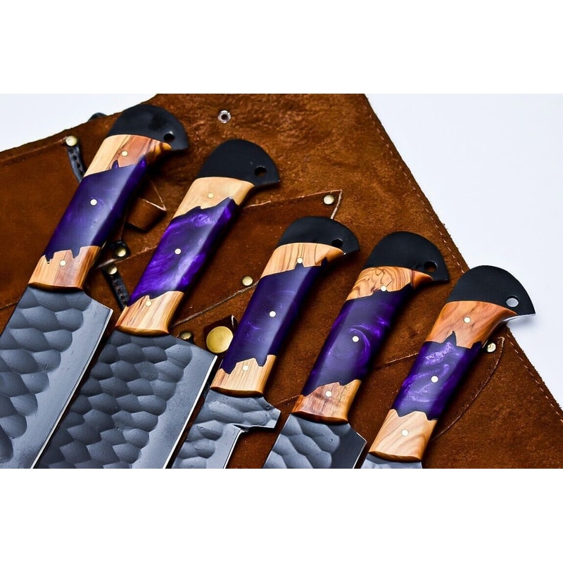 Handmade D2 Steel Kitchen Chef Knife Set Of 5 With Corian Handle Leather Sheath Entire World Bran 3