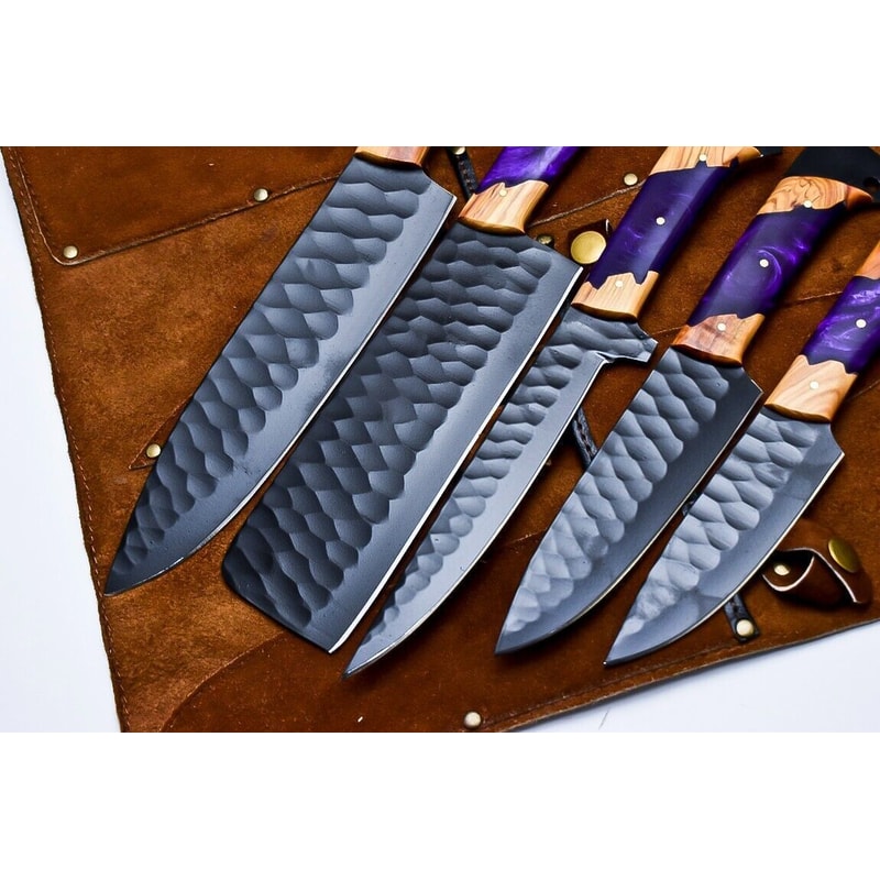 Handmade D2 Steel Kitchen Chef Knife Set Of 5 With Corian Handle Leather Sheath Entire World Bran 1
