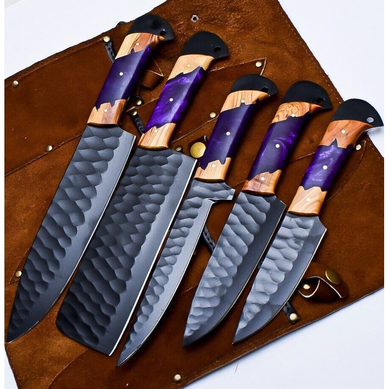 Handmade D2 Steel Kitchen Chef Knife Set Of 5 With Corian Handle Leather Sheath Entire World Bran 0