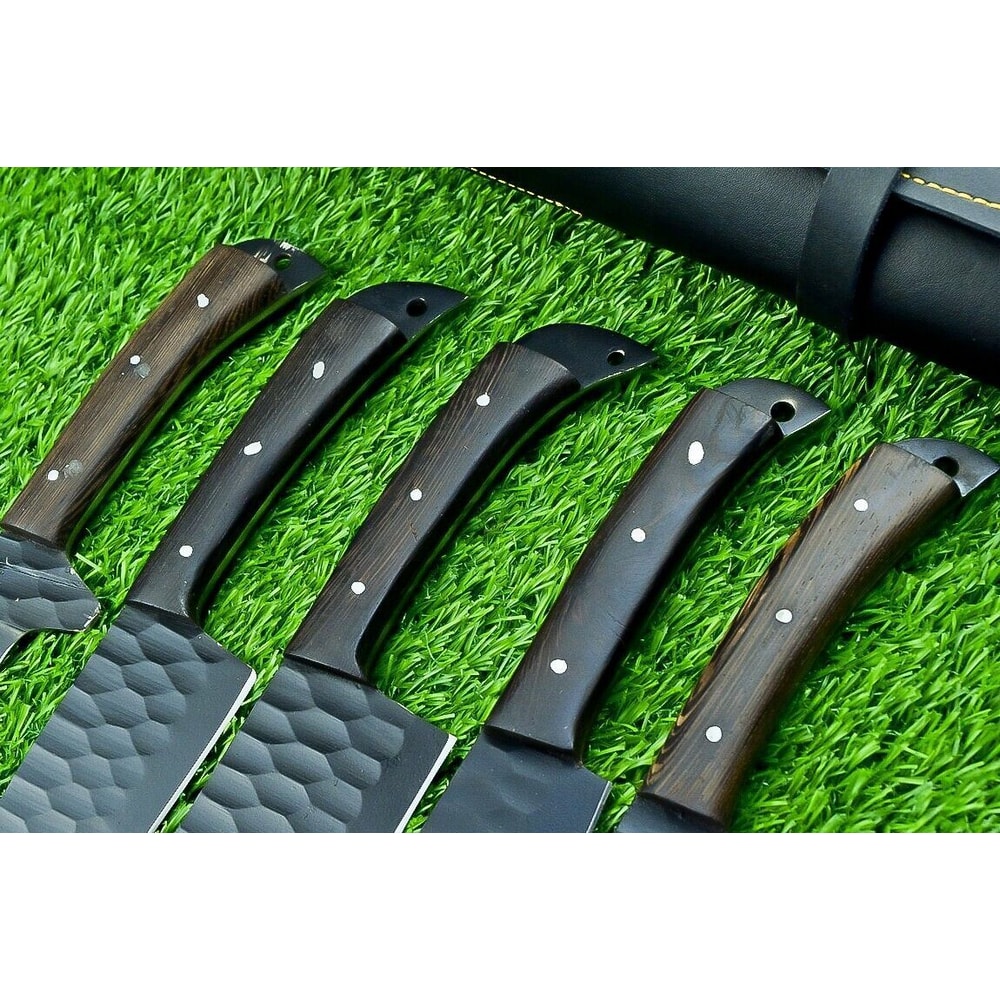 5 PCS Hand Forged Carbon Steel Chef Knife Set Powder Coated Black Blades Leather Storage Roll 1