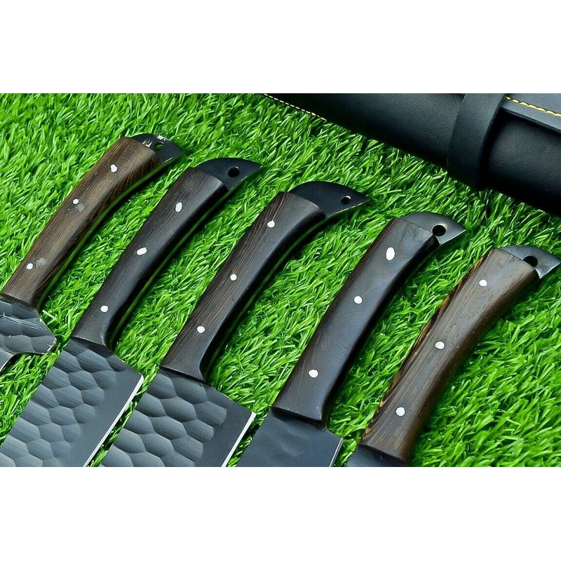 5 PCS Hand Forged Carbon Steel Chef Knife Set Powder Coated Black Blades Leather Storage Roll 1