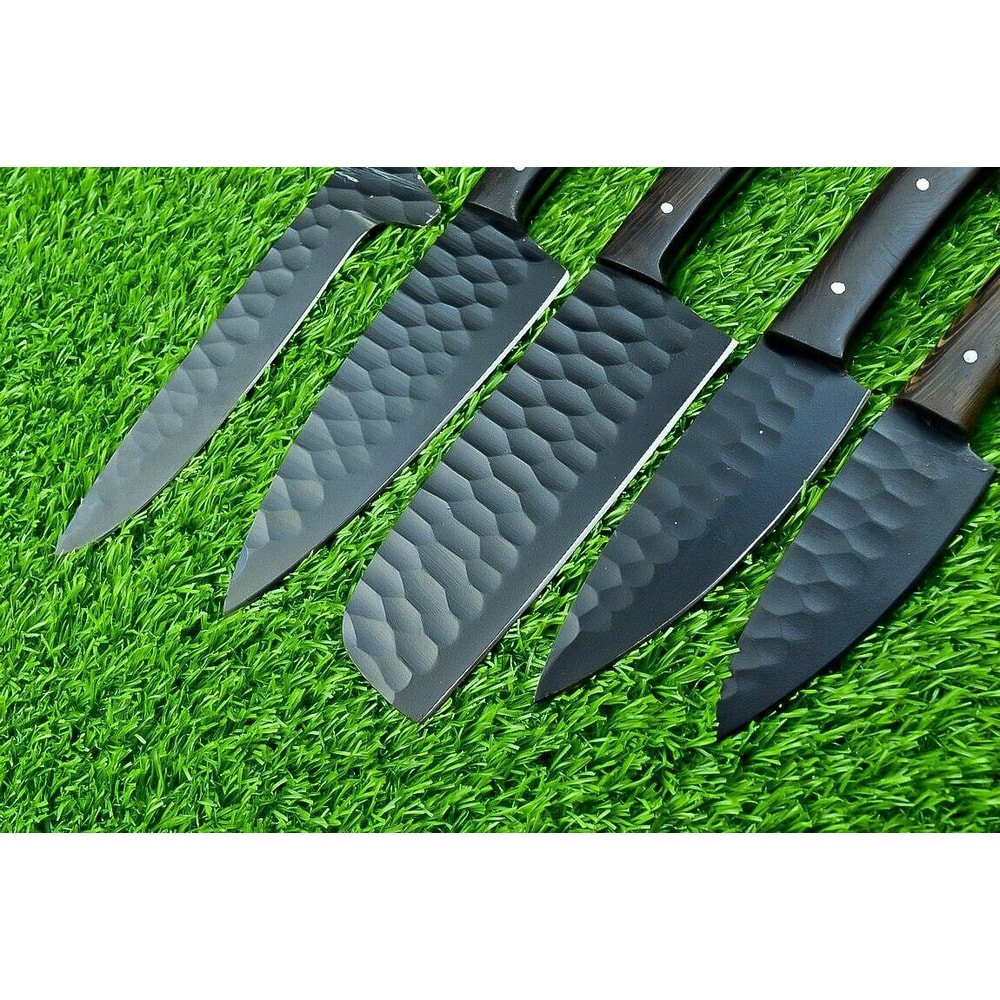 5 PCS Hand Forged Carbon Steel Chef Knife Set Powder Coated Black Blades Leather Storage Roll 2