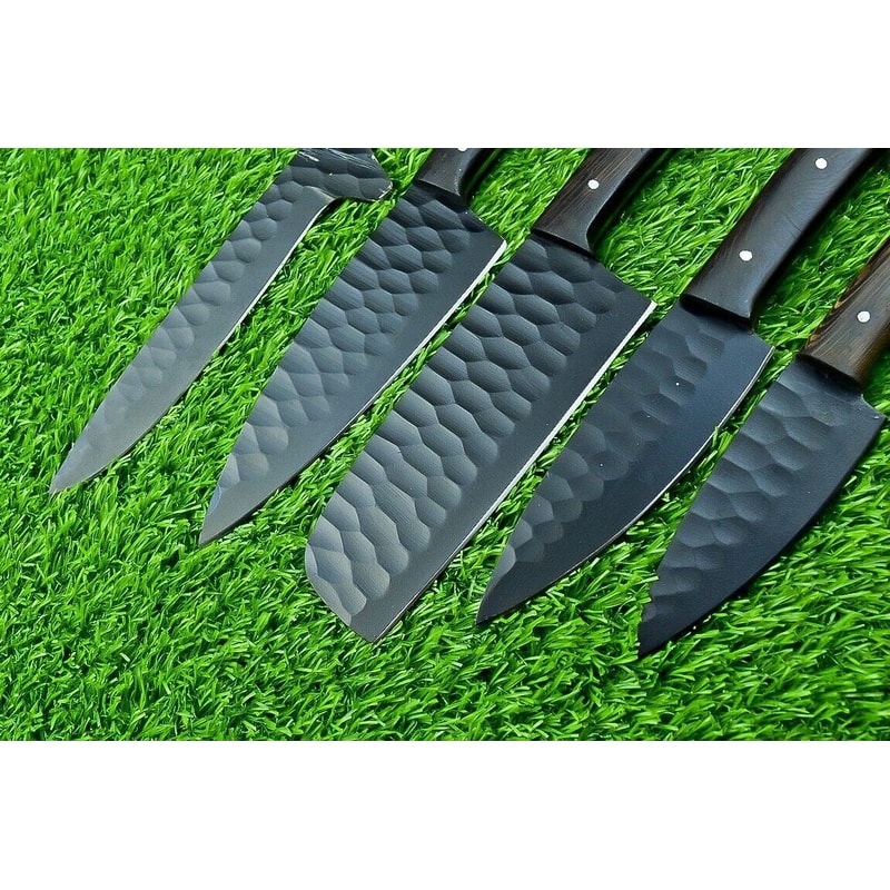 5 PCS Hand Forged Carbon Steel Chef Knife Set Powder Coated Black Blades Leather Storage Roll 2
