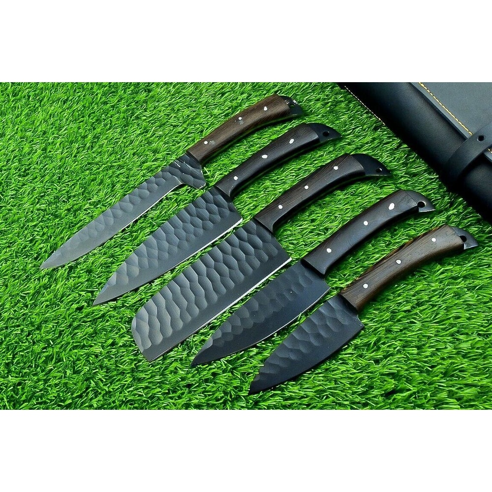 5 PCS Hand Forged Carbon Steel Chef Knife Set Powder Coated Black Blades Leather Storage Roll 3